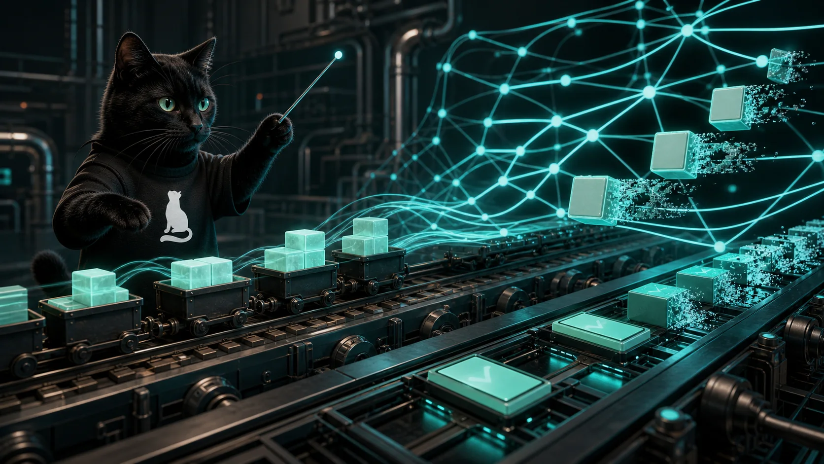 STH black cat verifying drafted tokens against an attention weave